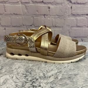 Salvatore Ferragamo Leather & Canvas Slingback Platform Sandals Gold Women's 6M